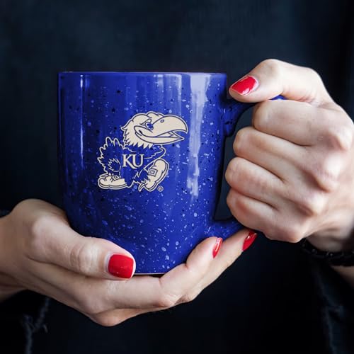 Image of Rico Industries NCAA Kansas Jayhawks Royal Blue Personalized 16 oz Team Color Laser Engraved Speckled Ceramic Coffee Mug