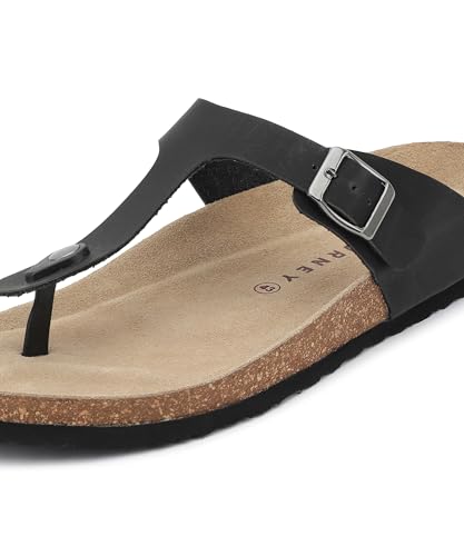 Image of HF JOURNEY Nivera 2.0 Men's Cork Footbed Thong Sandal,Slip On Entry,(Size 41-46) BlackPU, Casual Lounging Slipper, EVA Sole, Flat Heel,Nivera 2.0 - Black (41)