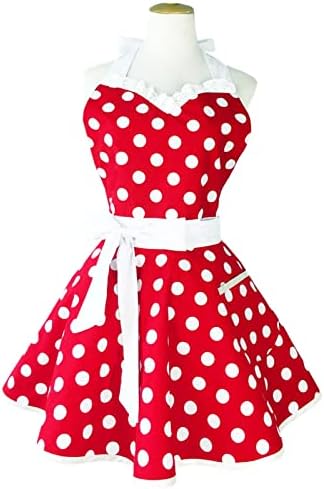Hyzrz Lovely Sweetheart Retro Kitchen Aprons Woman Girl Cotton Polka Dot Cooking Salon Pinafore Vintage Apron Mother‘s Gift (Red)