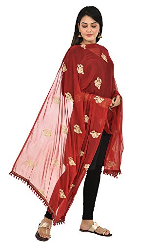 Image of YOUTHQUAKE Golden Patti Embroidered Work Chiffon Dupatta for Womens & Girls with Jaalar Lace
