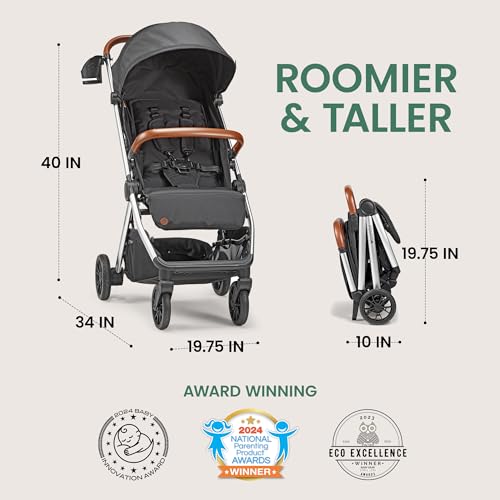 Bēbee V2 Lightweight Baby Stroller - Premium Vegan Leather, One-Hand Fold, Infinite Recline, Aircraft-Grade Aluminum Frame, XXL Canopy, and Ample Storage Umbrella Stroller - Midnight Black - Image 3