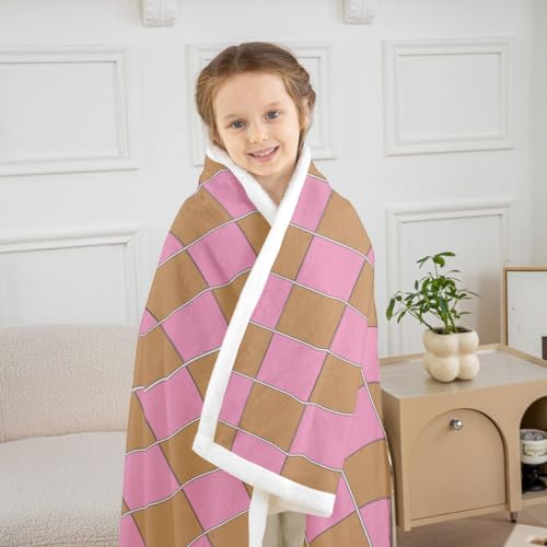 Image of Erosebridal Gaming Plaid Fuzzy Plush Throw Geometric Checkered Fleece Blanket Pink Brown Sherpa Blanket for Kids Boys Girls,Cute Checkerboard Decor for Bed Couch Queen 90 inchx90 inch