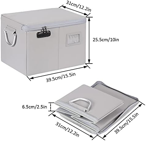 MUIFA Fireproof File Box with Lock, Collapsible File Storage Box with Zippers, Portable File Box Home Office Safe Box with Handle and Tag, Fireproof Document Box for Letter/Legal Folder (Silver)