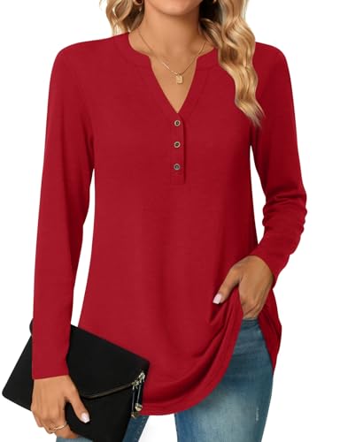 Aodemo Womens Fall Long Sleeve Tunic Tops V Neck Plus Size Henley Shirts Button Up Casual Winter Sweatshirt XL, Red