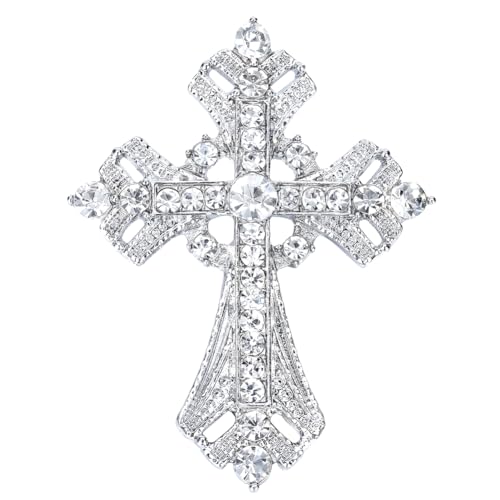 Image of Cross brooches and pins for women Sparkling Aquamarine Clear Crystal Rhinestones Holy Cross Christian Religious Jewelry