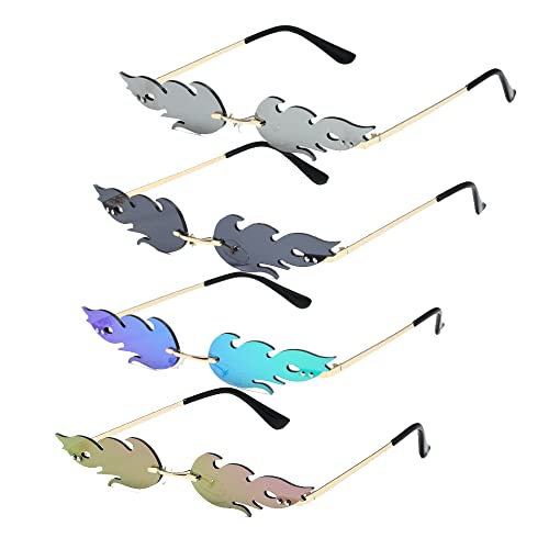 Kraeoke Flammen Lot de 4 lunettes de soleil unisexe tendance sans bord Festival Vintage Cadre en métal, coloré, Taille unique Cover