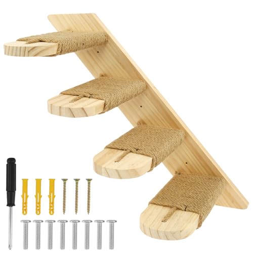 Wood Cat Wall Stairs with Sisal Rope 43cm 4 Steps Cat Climbing Shelf Wall Mounted Cat Ladder Reversible Left and Right Cat Stairway for Cat Perch Sleeping