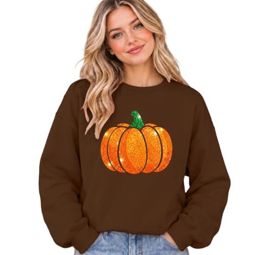 TRCELECTROP Womens Halloween Sweatshirt Funny Glitter Pumpkin Sweatshirt 2026 Fall Casual Oversized Crewneck Pullover Tops Brown - image 2