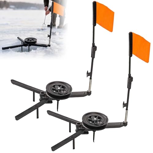 Ice Fishing Tip Up Equipment, Strike Indicator with Orange Pole Flags, Foldable&Portable Winter Angler Tackle Gear (Black-2 pcs)