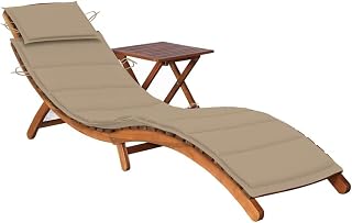 Foldable Sun Lounger & Side Table Set - Acacia Wood - Beige