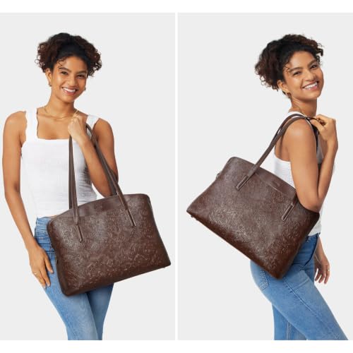 Image of S-ZONE Leather Tote Bag for Women Large Capacity Shoulder Handbags Purses | Full Grain Leather, Large Capacity, Fits 15.6-Inch Laptop, Work or Commute, Bottom Metal Feet