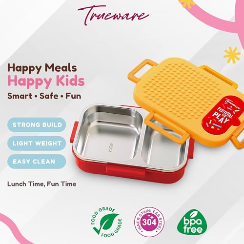Image of Trueware BRIX Fun Food and Play 304 Stainless Steel PU Insulated Lunch Box with Two Compartment BPA Free, Food Grade Ideal for School, Picnic, Office & Outdoor - 540ml
