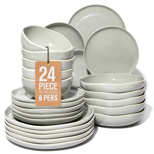 Image of 24 Pieces Dinnerware Set for 6 with Pasta Bowls, Complete Ceramic Dish Set, Stackable & Glossy Stoneware Plate and Bowl Set for Effortless Everyday Hosting, Gray Green