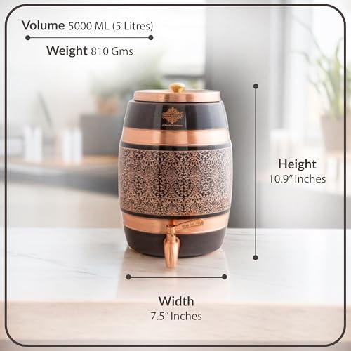 Image of Indian Art Villa Copper Antique Finish Barrel Shaped Water Dispenser with Floral Engraved Design & Brass Tap - 5 Liters, Handcrafted Drinkware & Serveware for Home, Office, and Gifting