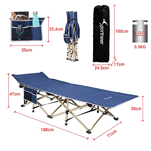 Image of Sportneer Camping Cot, Cot, Folding Bed, No Assembly Required, Load Capacity 440.1 lbs (200 kg), 74.0 x 28.0 inches (188 x 71 cm), Camping Bed, Outdoor Bed, Foldable, Lightweight, Waterproof, Breathable, Picnic with Pockets on Both Sides, Storage Bag, Navy Blue