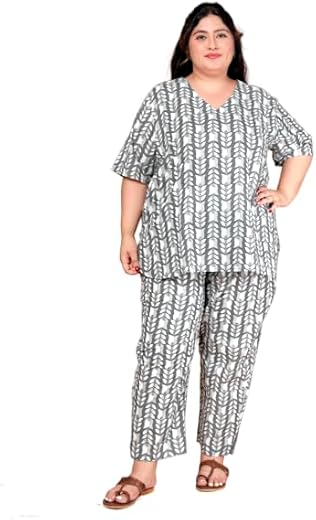 KALAVISHA Women's Cotton Printed Night Suit Set of Top &amp; Pyjama, Co-ord Set, V-Neck Tunic with Pyjama Pants Set, with Extr...