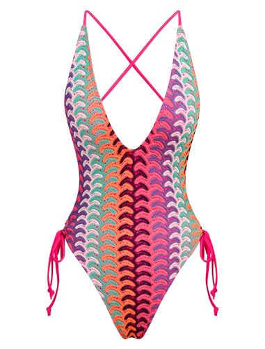 Image of ZAFUL Women Plunging One Piece Swimsuit Backless Cross Tie High Cut Thong One-Piece Bathing Suit