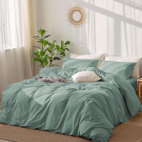 DXHOME Ropa de cama de algodón de 220 x 240 cm, color verde salvia, suave, ropa de cama de 3 piezas con cremallera y 2 fundas de almohada de 80 x 80 cm