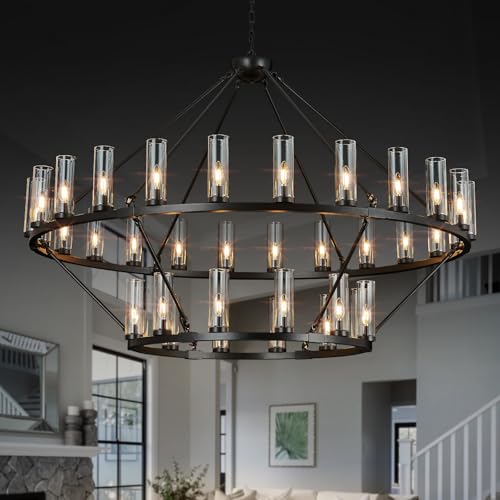 Image of 63 Inch Large Black Wagon Wheel Chandelier with Clear Glass Shade 2 Tier 36-Lights Round Pendant Light Farmhouse Industrial Chandeliers Dining Room Light Fixture for Stair Living Room Foyer