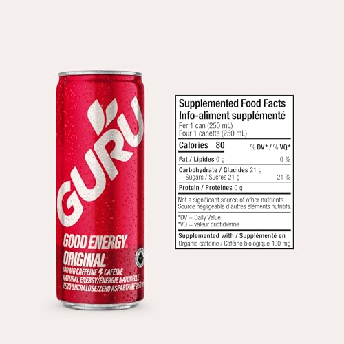 Image of GURU Organic Energy Drink, Original, Natural Caffeine, 8.4 Fl Oz, 24 Pack | 100 MG Natural Caffeine for Workouts, Performance & Midday Boost, Plant Based, Gluten Free, Vegan, No Artificial Sweeteners