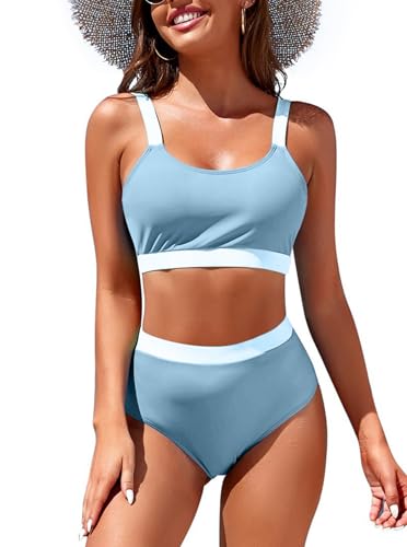 Image of Womens High Waisted Bikini Sets Sporty Crop Top Color Block Swimwear Bandeau Scoop Neck Vintage Two Piece Bathing Suits