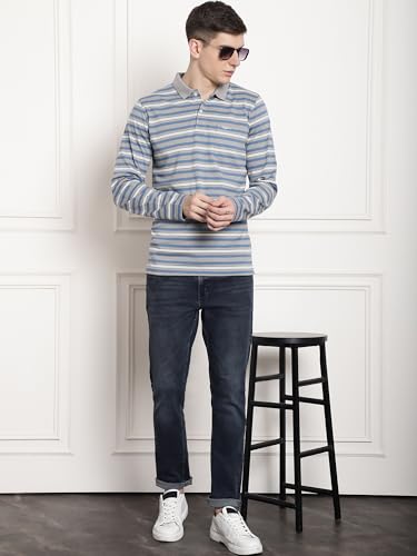 Image of Men's Cotton Full-Sleeve Polo Collar Striped T-Shirt