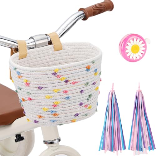 Panier de vélo pour enfants en coton tissé rose avec sonnette et glands décoratifs pour guidon avant