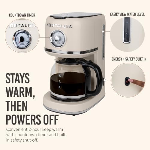 Nostalgia Classic Retro 10 Cup Coffee Maker - One-Touch Drip Brew, Reusable Filter - Anti-Drip, Auto Shutoff, & Time Display - Dishwasher Safe 50 oz Carafe - Cream - 4
