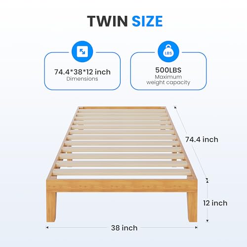Simple Deluxe Twin Size Wood Bed Frame, 12 Inch Wooden Platform Bed with Support Slats, No Springs Required, Storage Space Under The Durable Bed Frame, Natural Pine by Simple Deluxe - Image 2