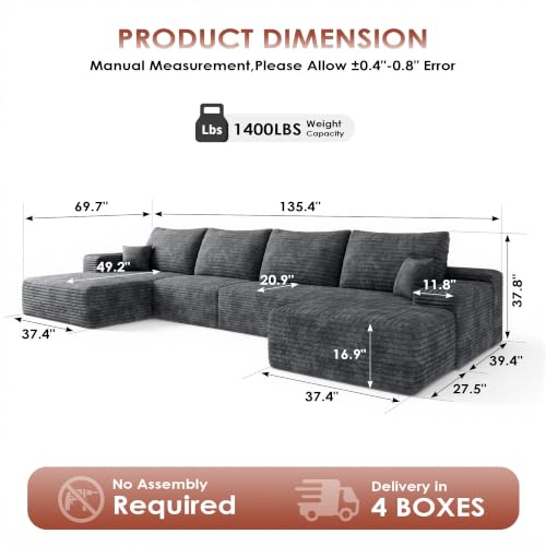Image of Boneless Couch, Modular Sectional Couches for Living Room, U-Shaped Cloud Couch Sofa with Deep Seat, Fluffy Corduroy Upholstered Corner Sofa