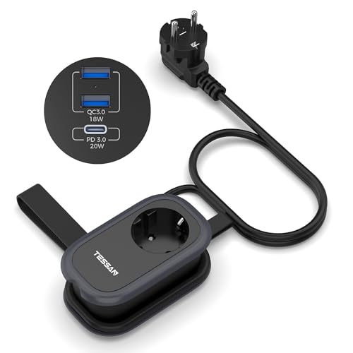 TESSAN Regleta de viaje con carga rápida USB C, enchufe múltiple con 3 USB, enchufe múltiple 4 en 1, 4000 W, cable alargador de 1,4 m con organizador, enchufe de distribución, color negro