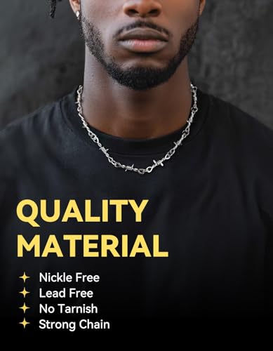 ChainsHouse Barbed Wire Necklace Punk Thorns Chain Necklace for Men Women, 6mm Wide Stainless Steel/Black Metal/18K Gold Plated Hiphop Rock Jewelry, 18-22Inch2