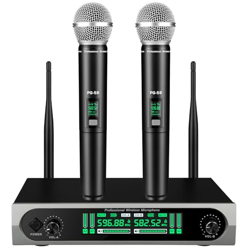GDPONRM Wireless UHF Microphone System,W/2 Handhelds,Auto Scan,2x50 UHF Frequencies,200ft Range,Dynamic Microphone for Singing,Karaoke,Church
