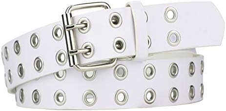 macoking Womens Belts for Jeans, Studded Double Grommets Leather Belt Women Men-White M