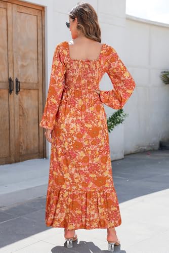 Dokotoo Womens Casual Loose Bohemian Floral Dress With Pockets Smocked Waist Long Sleeve Button Down Square Neck Flowy Cute Boho Beach Vacation Sundress Ruffle Soft Long Maxi Dresses Orange Large thumb #4