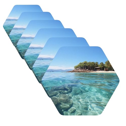 Lot de 6 sous-verres hexagonaux en cuir pour boissons Île des Fidji et mer transparente - Résistants à la chaleur - Pour décoration d'intérieur