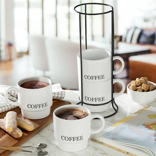 Signature Housewares Stackable Coffee Mug Tower Set with Metal Wire Rack - 15 Ounce Coffee Mugs for Coffee, Tea, Cocoa, Milk, Cappuccino, Hot Chocolate Set of 4 - White Coffee by Signature Housewares - Image 3