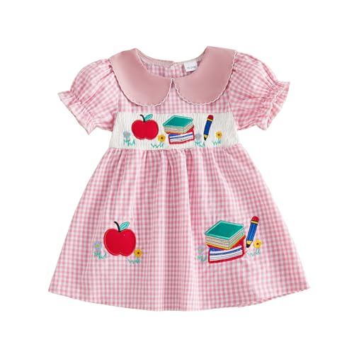 Toddler Baby Girl Back to School Outfit Smocked Dress Summer Sets (Pink Apple, 3-4 Years)