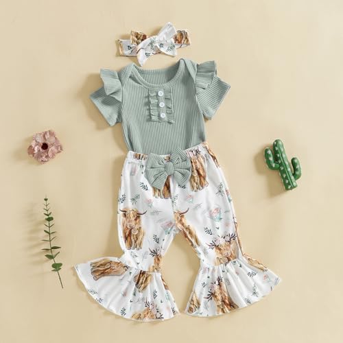 MERSARIPHY Baby Girl Bell Bottom Outfit Cute Infant Newborn Girl Summer Clothes Ribbed Knit Ruffle Romper Tops Flare Pant Set2