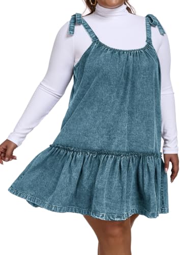 Image of Denim Dress for Women Tie Shoulder Sleeveless Denim Mini Dress Casual Flowy Babydoll Dress Wash Jean Dress