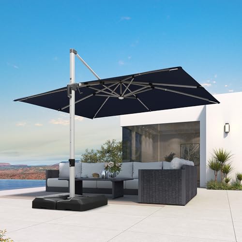PURPLE LEAF Patio Umbrella with base 9' X 12' Outdoor Rectangle Cantilever Umbrella Solar Powered LED with 360-degree Rotation for Garden Deck Pool Patio, Navy Blue