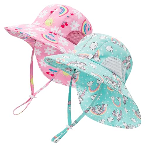 MASOCIO Baby Sun Hat Toddler Kids Girls Summer Bucket Hats 2 Pcs Child Children Sunhat Babies 1 2 Years 9 12 18 Neck Cover Protection Wide Brim Age 6-24 Months Multicolor 2