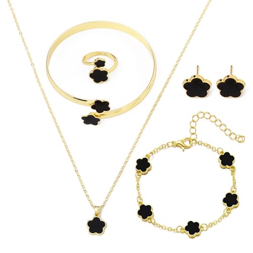 Four-Leaf Lucky Clover Jewellery Set 5 Pieces Adjustable Lucky Five-Leaf Clover Alloy Jewellery Set Four Leaf Necklace Rings Stud Earrings Bangle Bracelet Set for Gift, Black