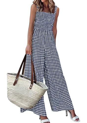 PRETTYGARDEN One Piece Jumpsuits for Women Casual Summer Cruise Outfits 2026 Spring Fashion Smocked Wide Leg Gingham Rompers (Navy Blue,Medium)