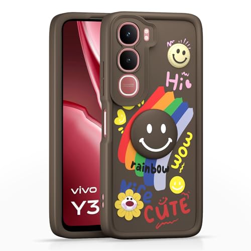 Image of Pikkme Back Cover for Vivo Y31 5G | Soft Silicone| Cute Rainbow Smile & 3D Cartoon Flower Design | Shockproof Raised Camera Protection Bumper Case (Brown)