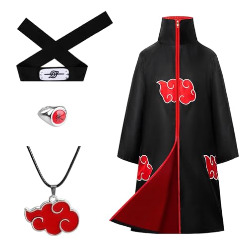 PATPAT® Akatsuki Dress Costume for Kids, Itachi Uchiha Anime Cosplay Costume Set of 4Pcs, Akatsuki Cloak Set Halloween Party Costume for Kids Boys Girls (XXS, for Height 125-135cm)