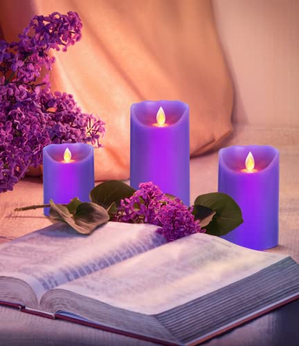 Aku Tonpa 3.15" X 4" 5" 6" Set Of 3 Flameless Candles Battery Operated Pillar Real Wax Electric Led Candle Set With Remote Control And Timer (Purple) #TOP2