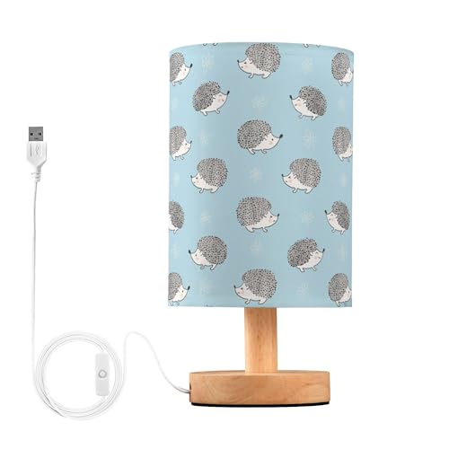 YYZZH Table Lamp Hedgehog Flower Pattern on Watercolor Blue Nightstand Lamp with Wood Base Fabric Lamp Shade Bedside Desk Lamp for Living Room Bedroom Kids Room Office