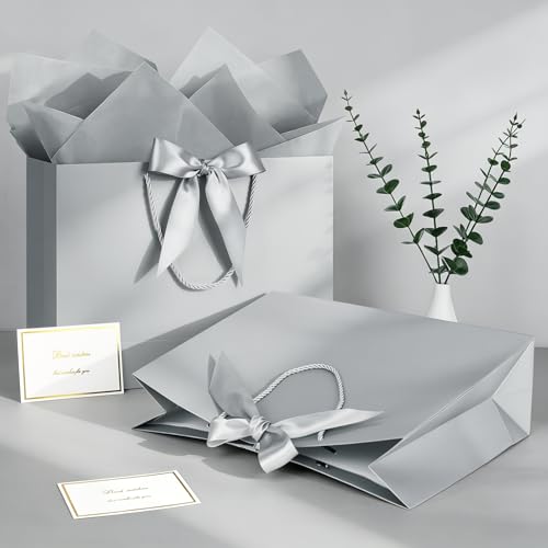 Image of JMANNI Gift Bags with Handles, 13 inch Medium Gift Bag for Presents, 8 Pcs Bags with 16 Tissue Paper and 8 Cards for Baby Shower Wedding Bridal Shower Mother's Day Birthday Party (silver
