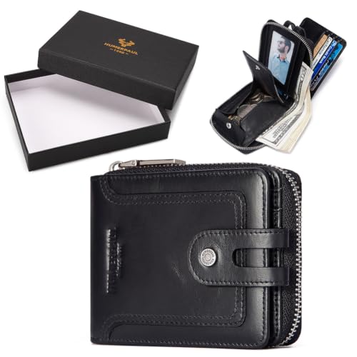 Image of Men's Leather Wallet with RFID Blocking - Bifold Zipper Wallet with Coin Pocket & 14 Card Slots (Black)